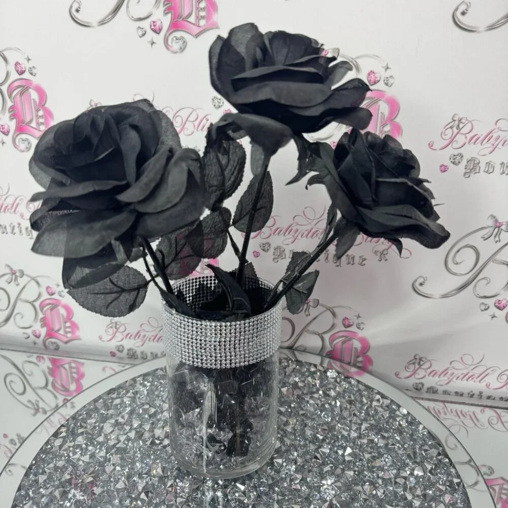 Roses vase sparkly diamond bling black roses black clear pebbles gothic bouquet